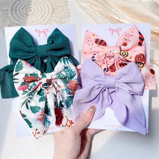 Women Girls Sweet Print Bows Hair Clips Hairpins Ribbon